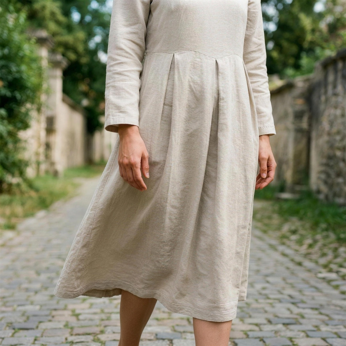 Pleated Linen Midi Dress