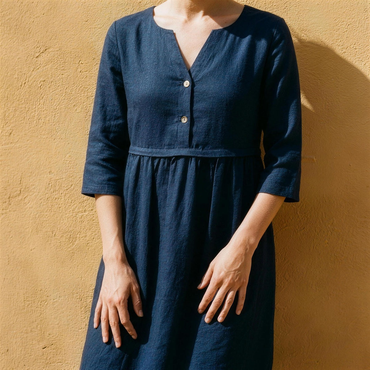 Button Waist Linen Midi Dress