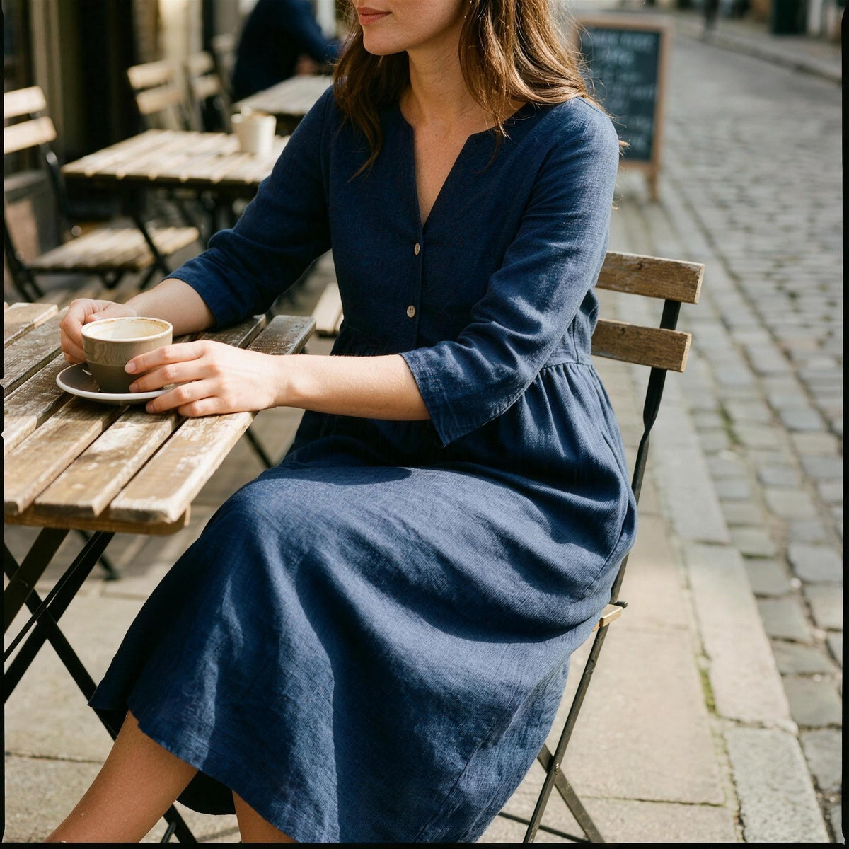 Button Waist Linen Midi Dress