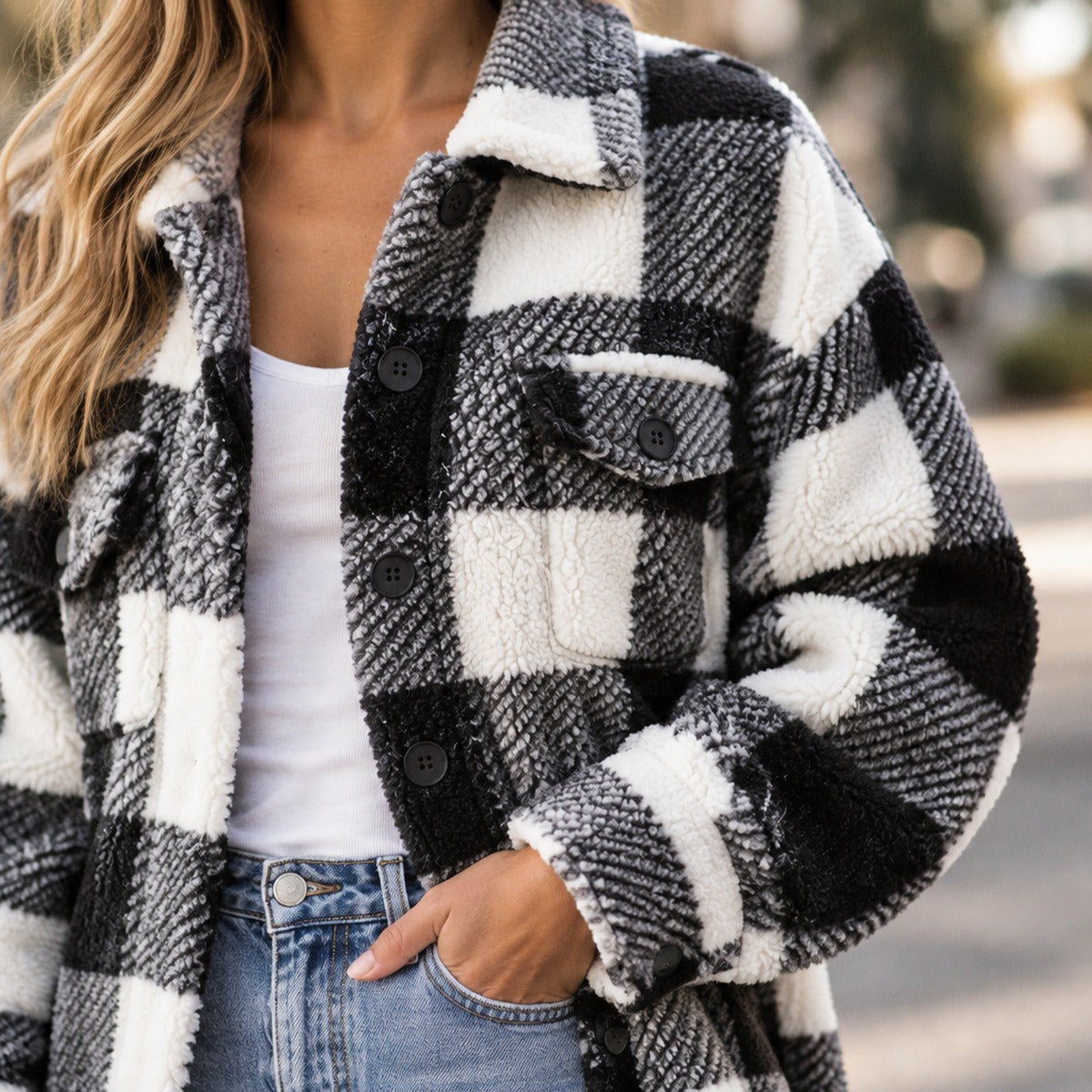Plaid Teddy Fleece Shacket with Button Front