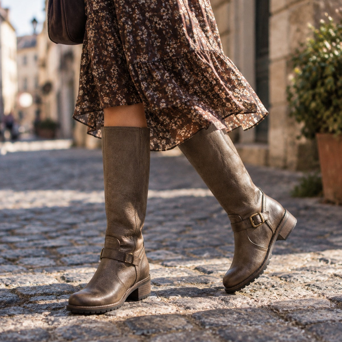 Knee-High Buckle Block Heel Boots Sienna