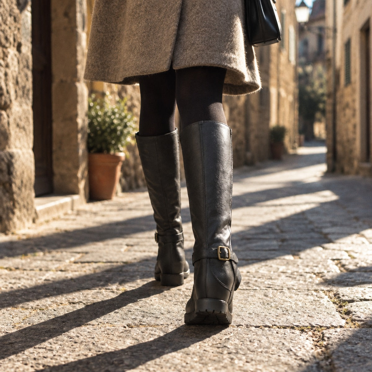 Knee-High Buckle Block Heel Boots Sienna