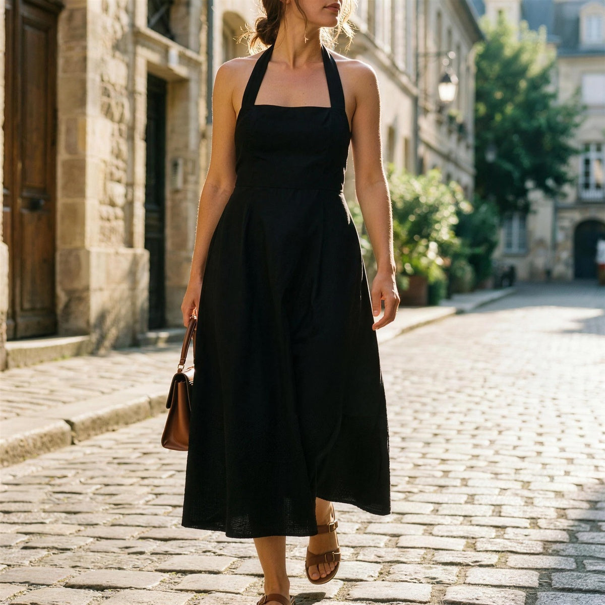 Cotton Blend Halter Midi Dress